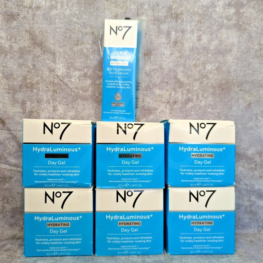 Lot of 7 ~ No. 7 HydraLuminous Skincare~ Hydrating Day Gel & 2% Hyaluronic Serum